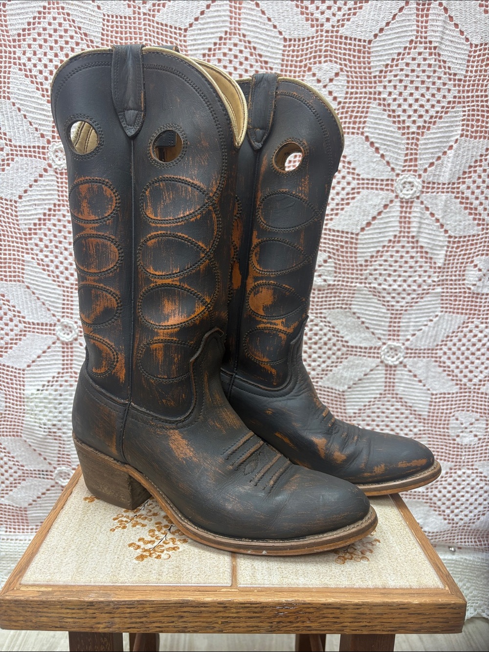 Upcycled Solid Leather Distressed Black Western Cowboy Boots Sz 8.5